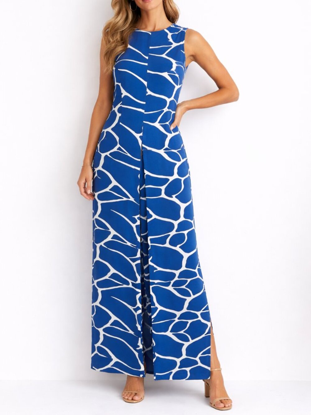Coldesina Blue Abstract Print Sleeveless Maxi Jumpsuit Resort‎ Side Slit M